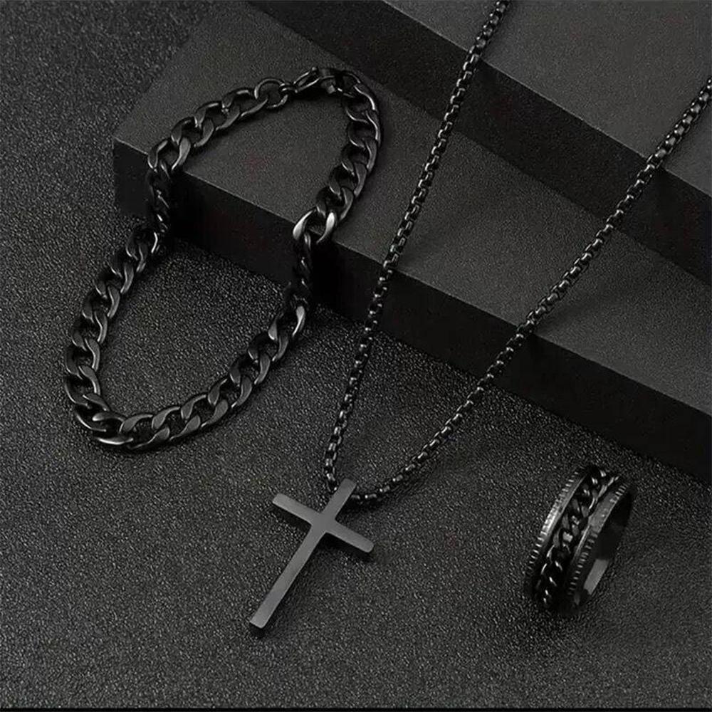 3 Piece Men Fashion Personality Simple Black Stainless Steel Non Fading Cross Necklace Ring Bracelet Set Accessories