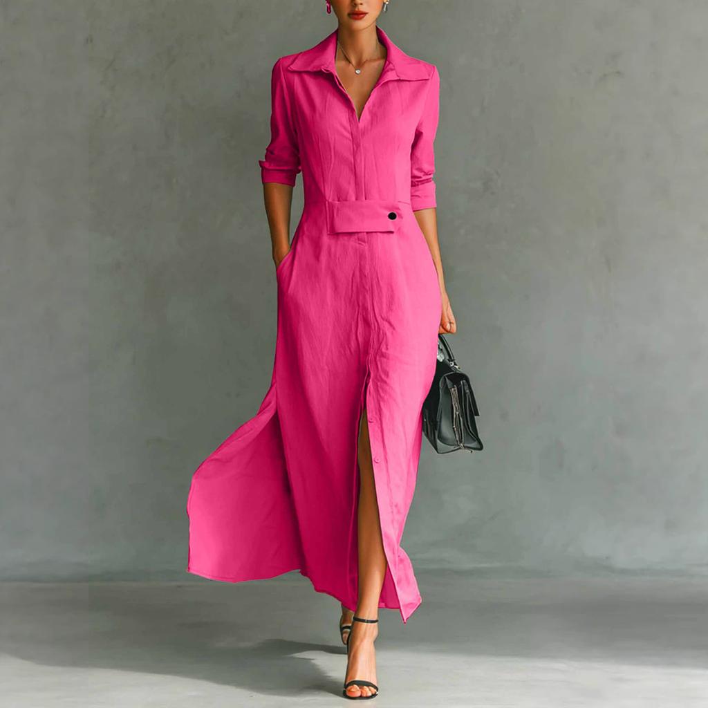 Women's Fashionable Color Lapel Long Sleeved Hem Slit Casual Shirt Dress