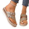 European and American foreign trade large size belt buckle slope heel cool slippers women's new hollow thick-bottomed beach slippers Amazon