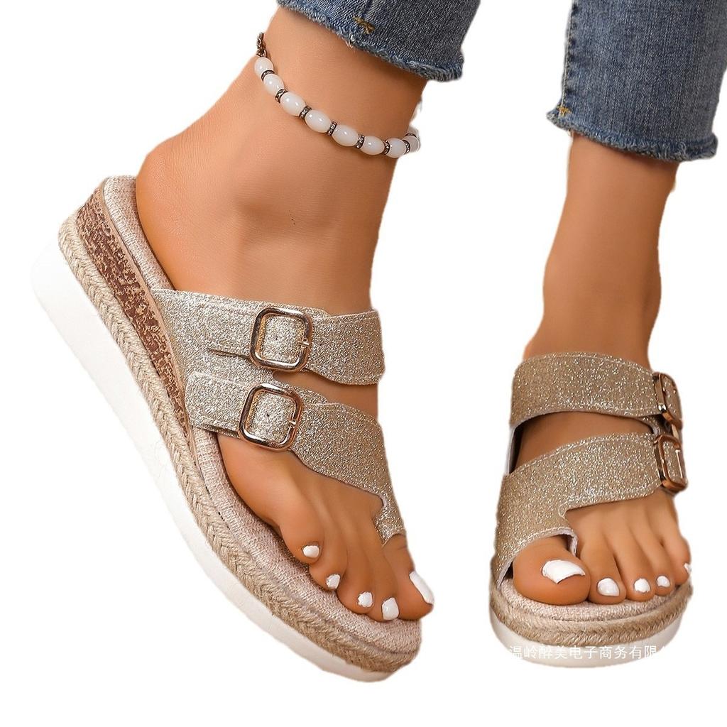 European and American foreign trade large size belt buckle slope heel cool slippers women's new hollow thick-bottomed beach slippers Amazon