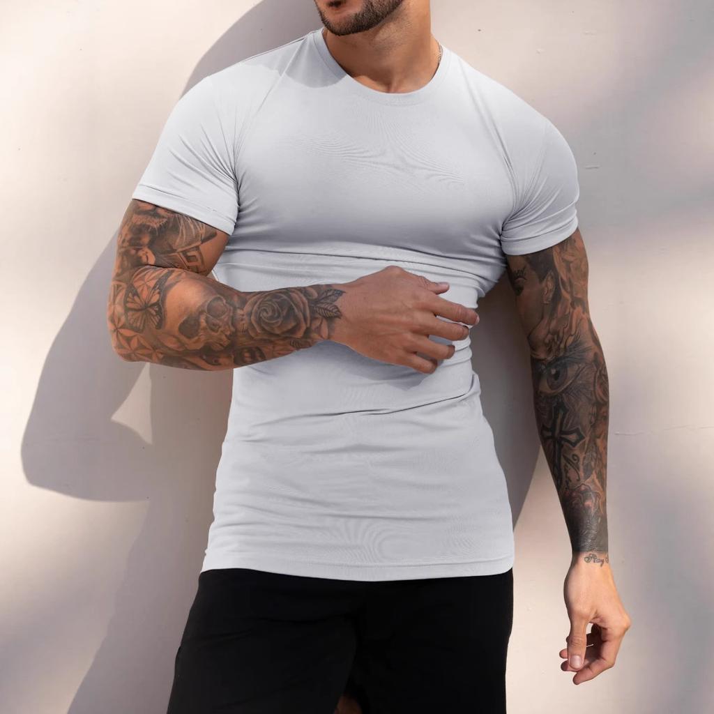 Large Size Matte Plain Men'S Summer Sports Fitness Casual Stretch Round Neck Short Sleeve T-Shirt For Men