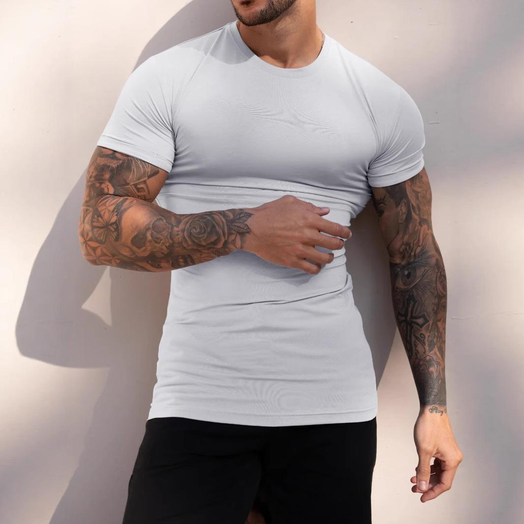 

Large Size Matte Plain Men S Summer Sports Fitness Casual Stretch Round Neck Short Sleeve T-Shirt For Men S білий