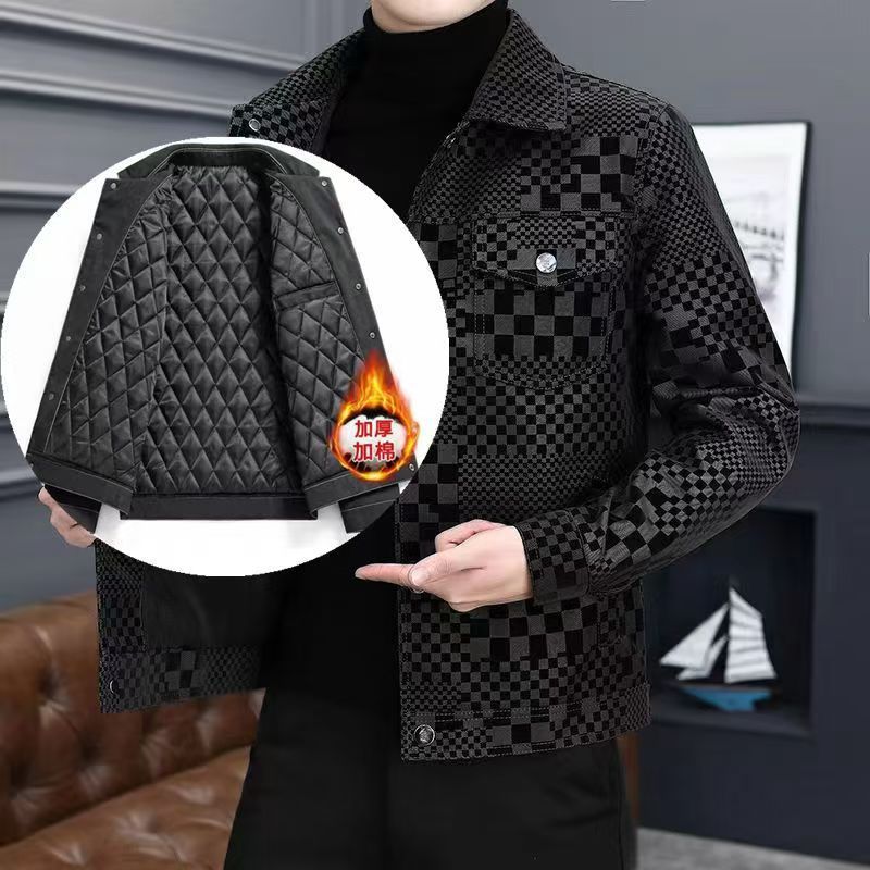 Men's trendy men's jacket spring and autumn lapel fashion leather jacket men's casual jacket plaid trendy top Korea