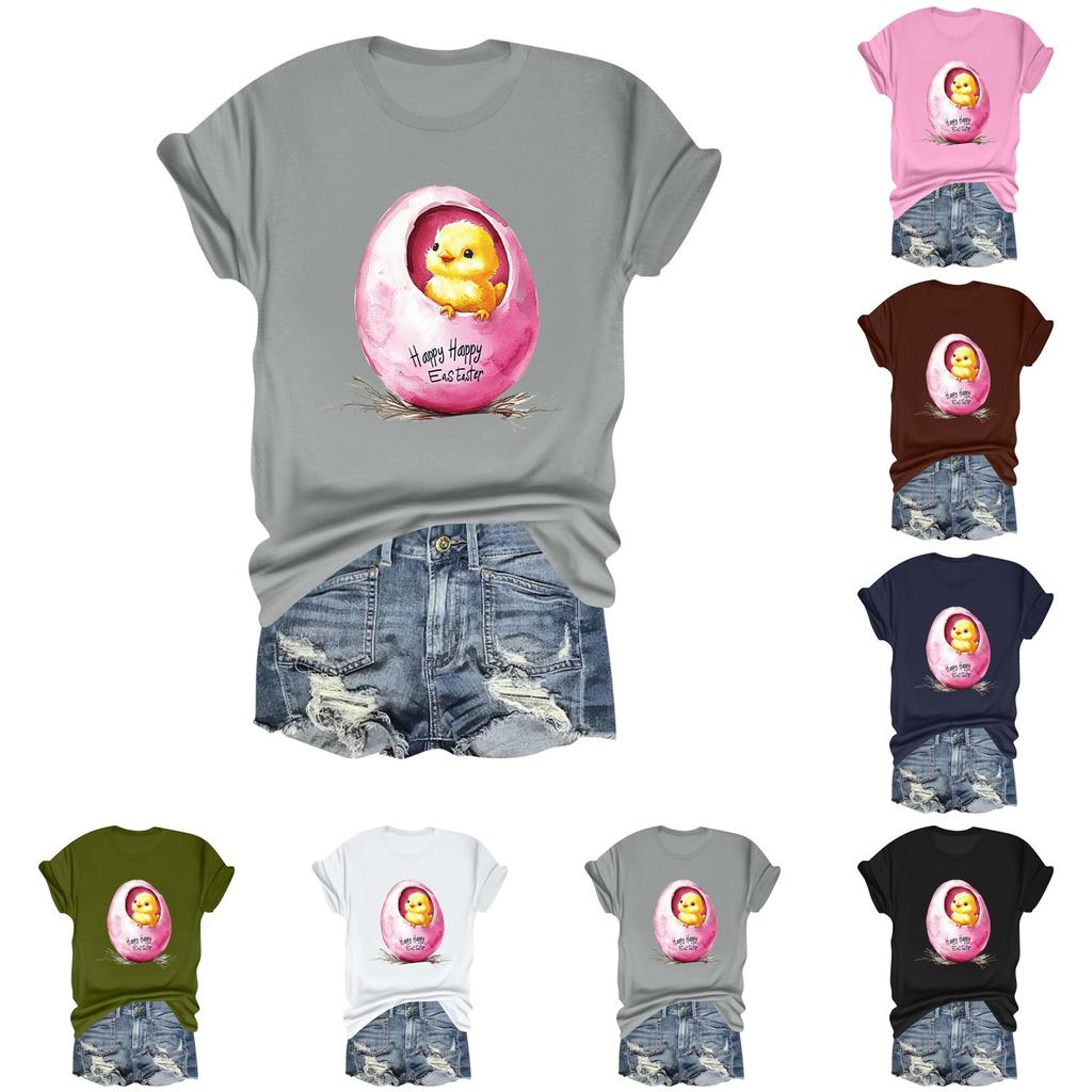 Dámské ležérní tričko s volným střihem a velikonočním potiskem, kulatý výstřih, pulovr, top s krátkým rukávem