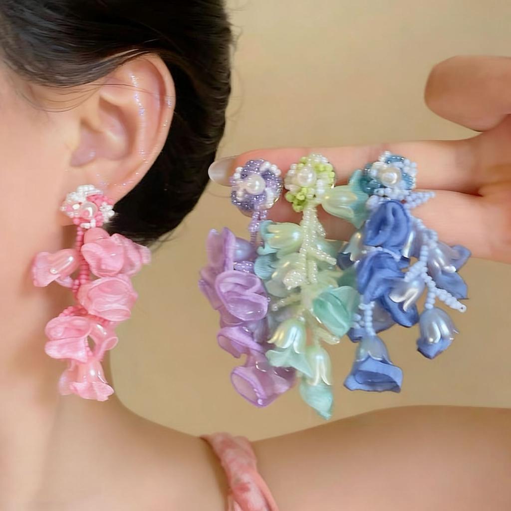 Seaside Vacation Chiffon Flower Tassel Stud Earrings Niche Unique‑Design Beautiful 2026 New Jewelry For Women