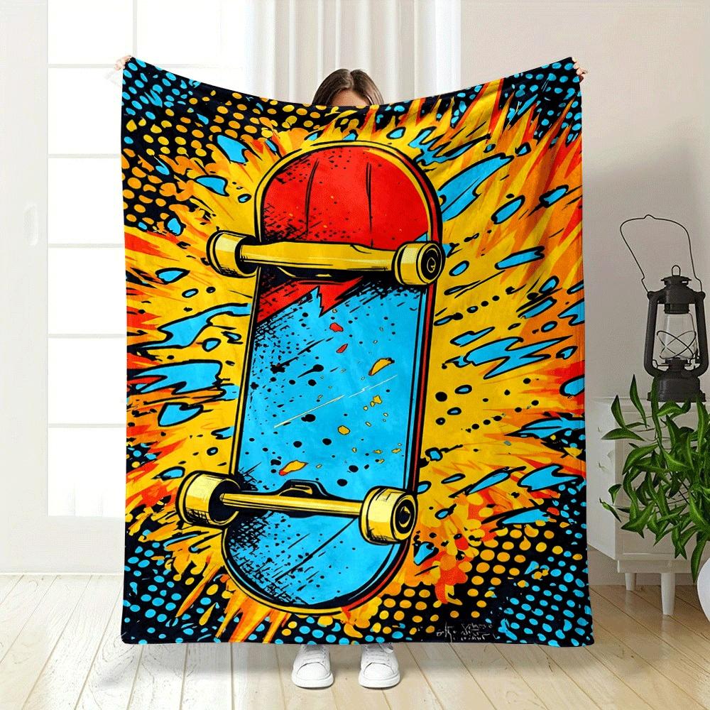 Comic-style skateboard with dynamic yellow, blue, and red splash effects. for all seasons blanket lunch break throw gift