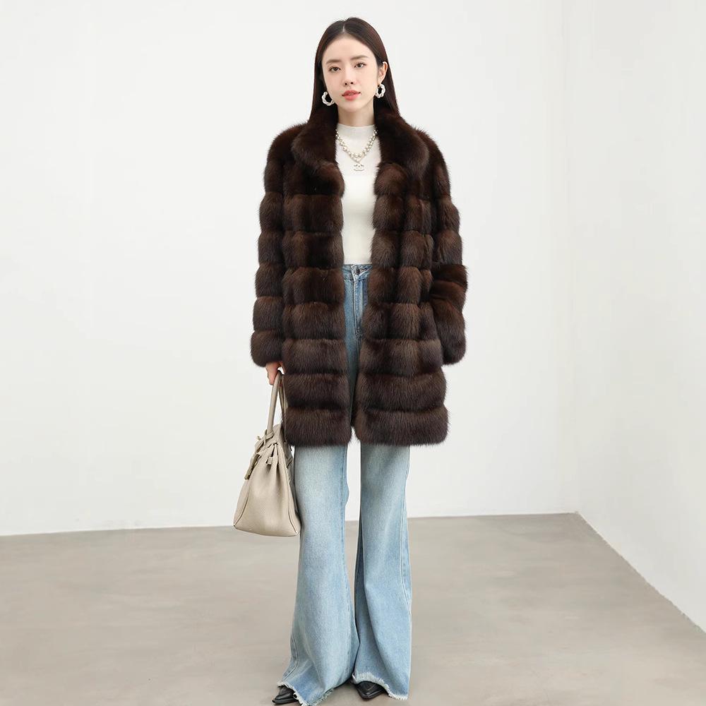 Eco-friendly Russian Sable Black and Gold Fur Coat for Women - Spring 2026 Collection, Thick and Warm, Versatile Design.