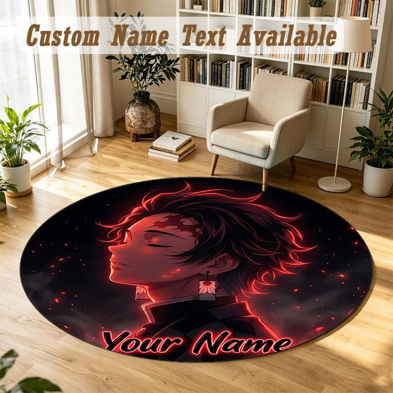 Round Rug Custom NameDemon Slayer Pattern Non Slip Carpet Home Floor Decor