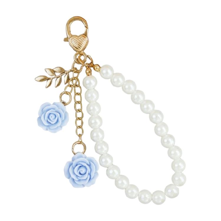 Trendige Perlenkette und Rosen-Schlüsselanhänger mit Legierungsverschluss Rostfreier Schlüsselanhänger Harzblume Schlüsselring Eleganter Taschenanhänger