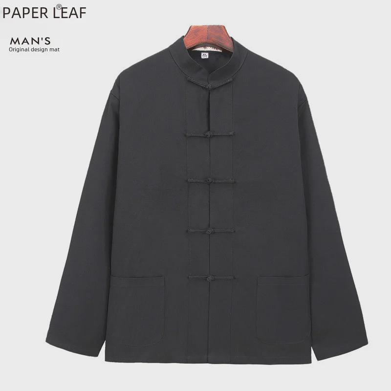Men's Chinese-Style Tang Suit Cotton-Linen Top: Long-Sleeve Hanfu Shirt for Youth, Middle-Aged, and Elderly - Spring/Autumn Traditional Jacket