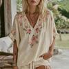 Women Shirt Embroidery Flower Pattern V-neck Dropped Shoulder Short Sleeve Shirt Tops A-Line Loose Fit Soft Summer Tops