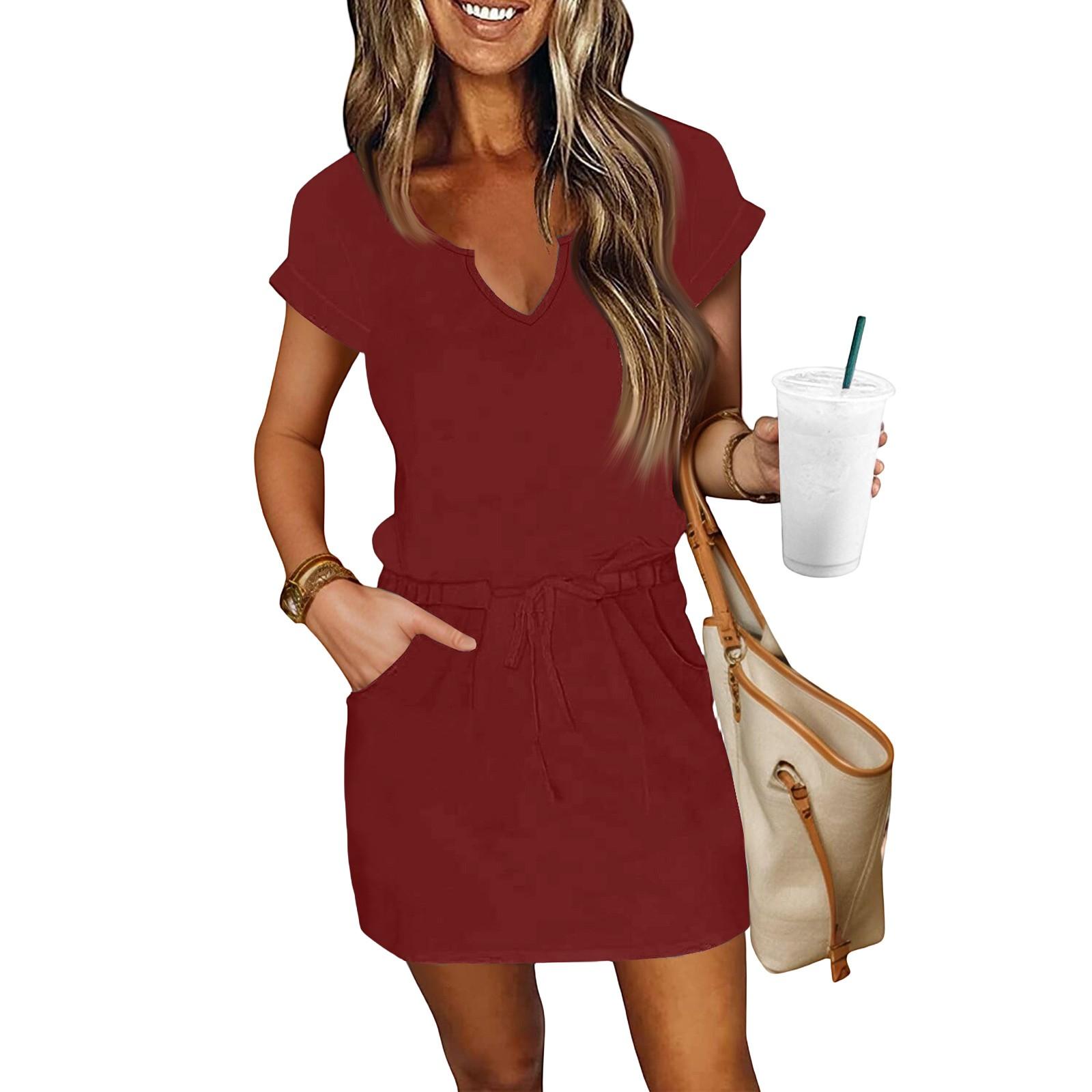 

Женские летние повседневные платья с V-образным вырезом, коротким рукавом, завязками и карманами, однотонные S винный