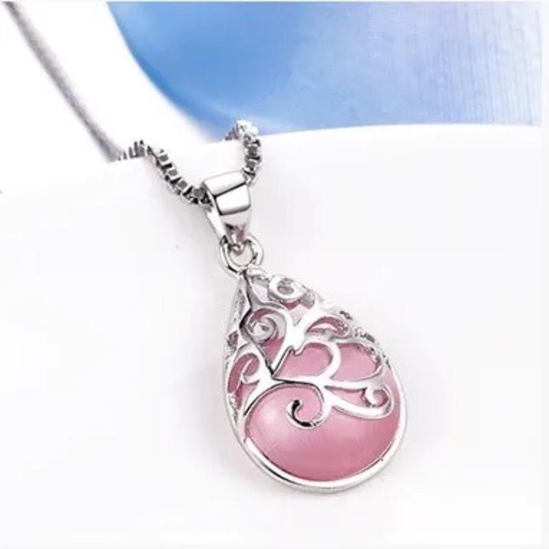 ANENJERY Natural Cat Eye Opal Pendant Necklace for Women New Trendy Charm Necklace Girls Engagement Jewelry