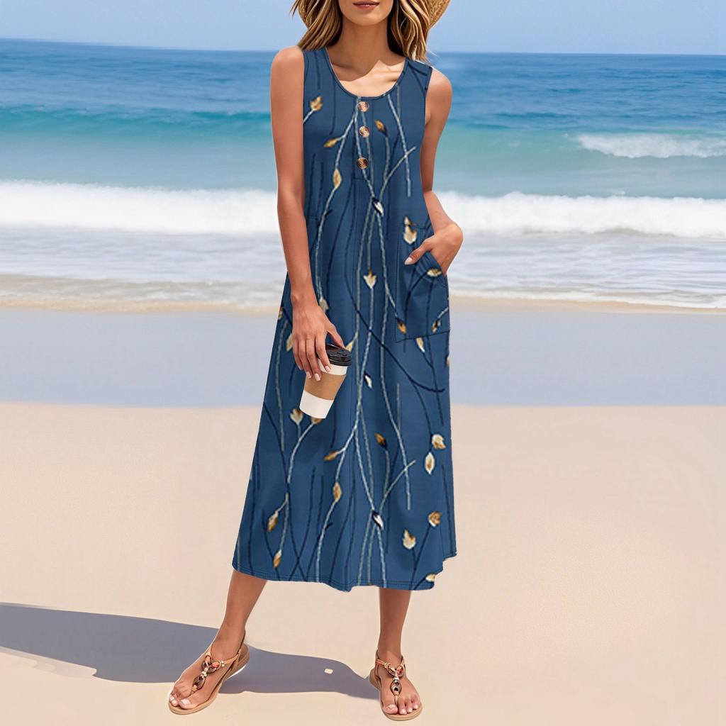 Women's Summer Floral Print Dress Sleeveless Button Down Casual Loose Long Beach Sundress