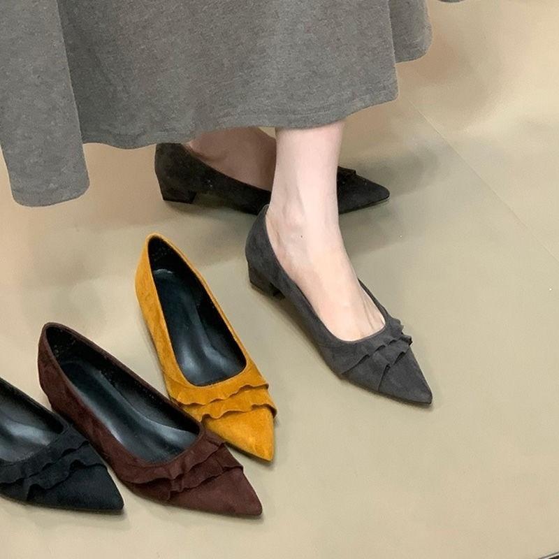 Fashion Women's Pointed Toe Shallow Suede Soft Sole Non-slip Wear-resistant Fungus Edge Low Heel Single Shoes