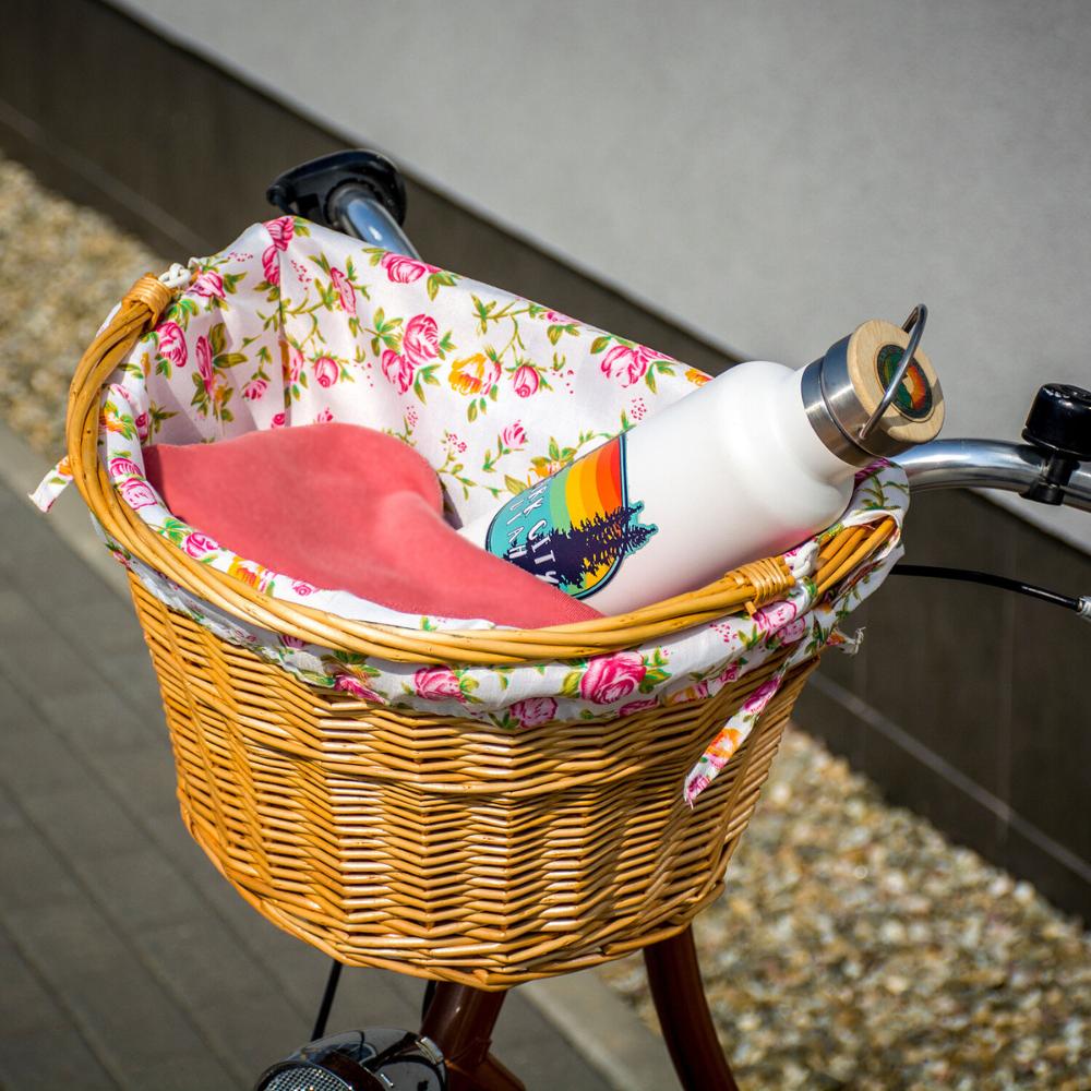Natural wicker bicycle basket with handlebar insert, click flowers, plug-in