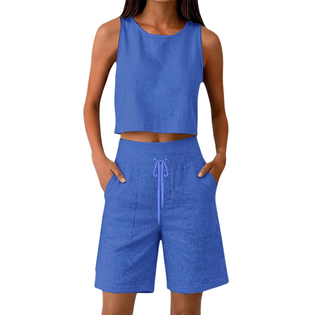 Damen ärmelloses Crop-Top und weite Bermuda-Shorts Set Leinenmischung Lässiges Sommer-Outfit Elastischer Bund Kordelzug Taschen