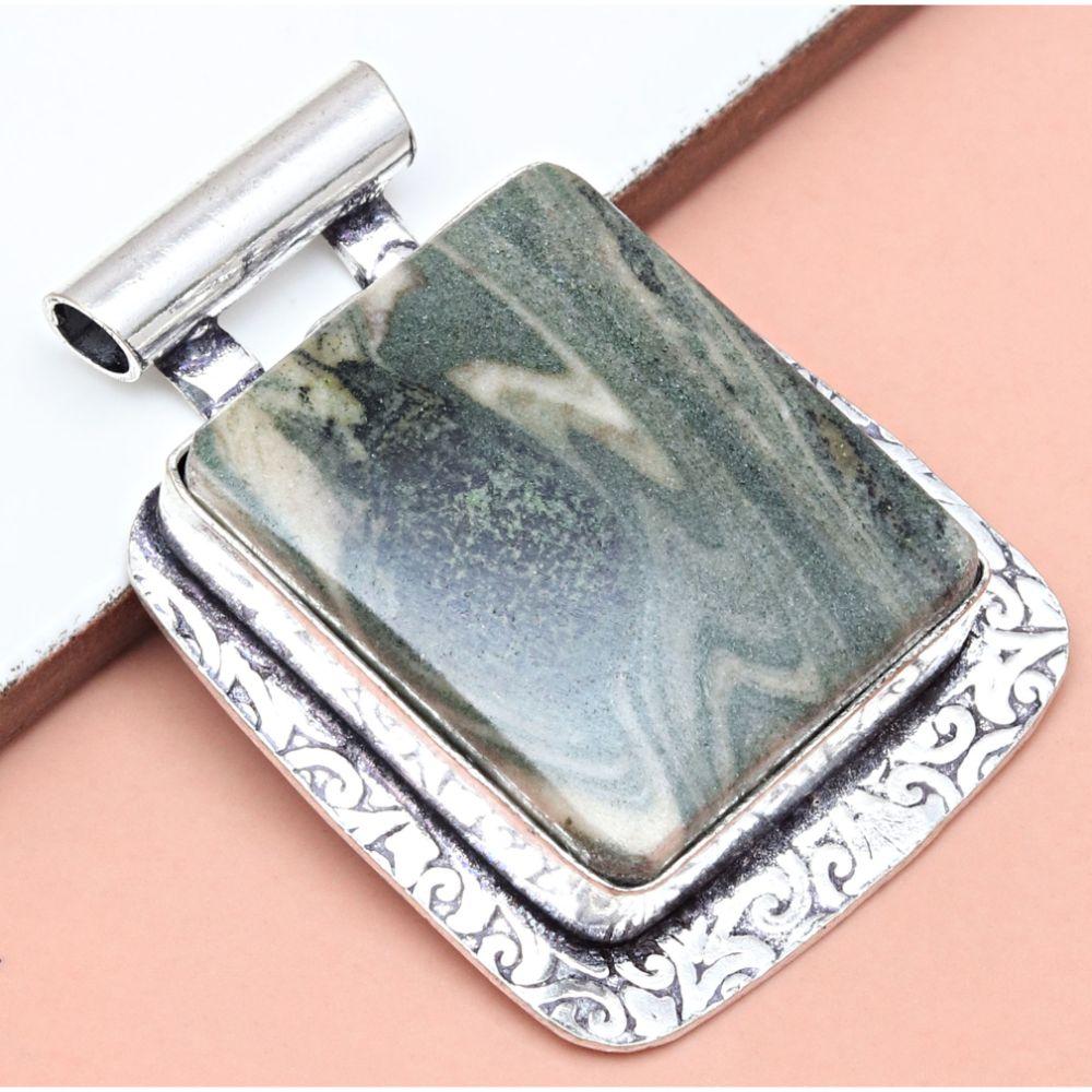 Pendant Ocean Jasper Gemstone Gift For Her Silver Jewelry 1.75"