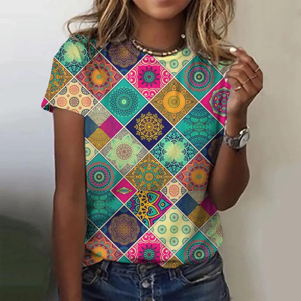 Plaid Printing Women's Printing Fashion Crew Neck Short Sleeve Casual Daily Wide T-Shirt Clothing