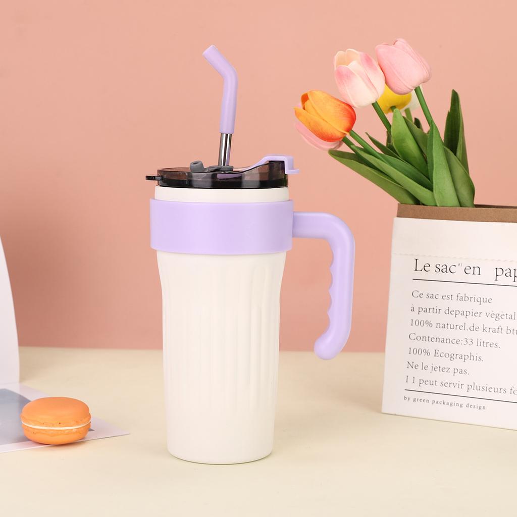 New Dopamine Handle Cup Double-layer Vacuum Large-capacity Straw Thermos Cup Outdoor Portable Car Ice Cup