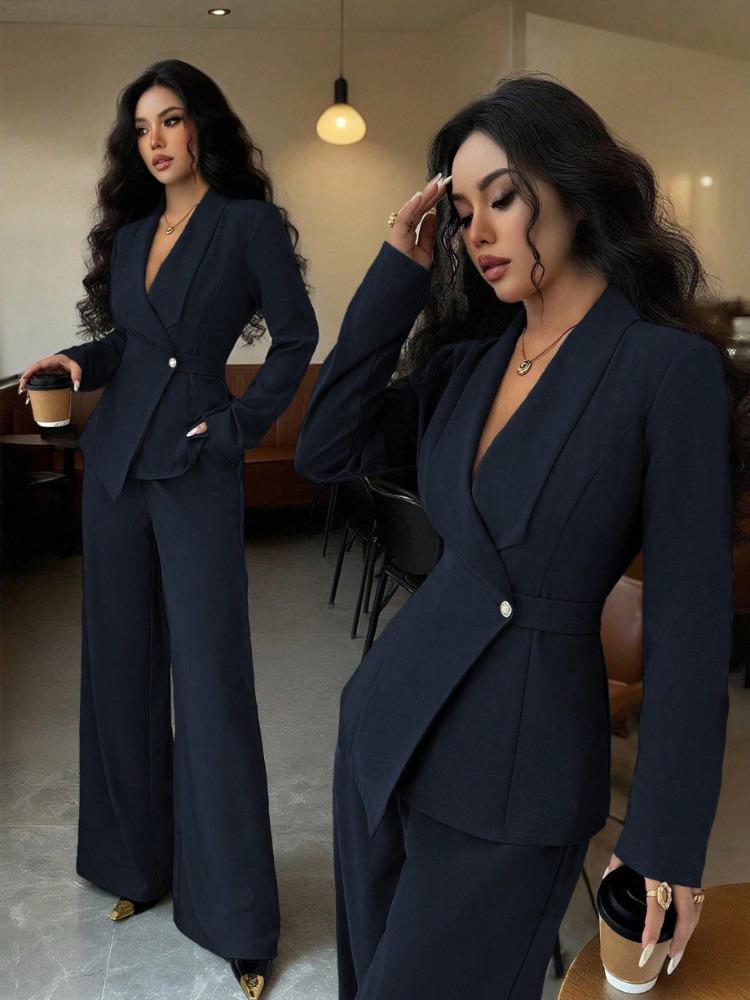 Women's Tailored V-Neck Blazer and Wide Leg Pants Suit Set