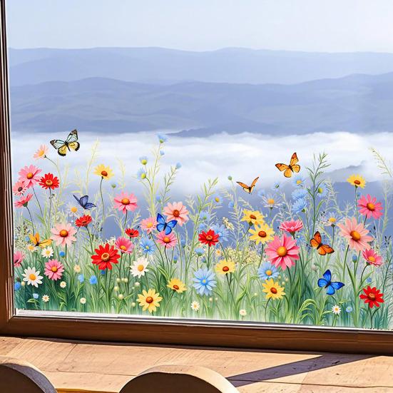 Spring Summer Flower Butterfly Window Cling Colorful Floral Window Sticker Removable Double-Sided Static Decals for Home Office Classroom Decor