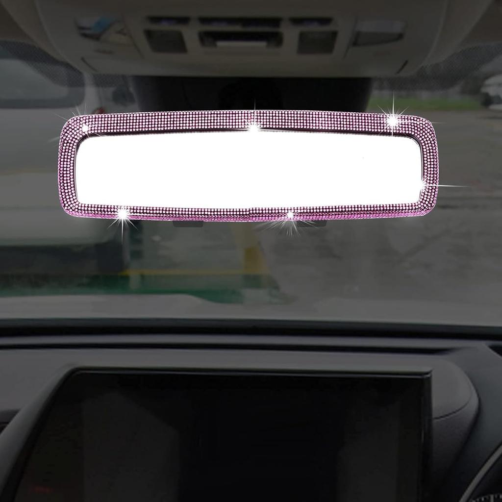 Bling Rhinestone Car Rear View Mirror with Crystal Diamonds Bling Rhinestones for Women,Car Interior Trim (Pink)