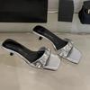 Fashion Stiletto Slippers Women's Fashion Square Toe Open Toe Rhinestone Cover Foot Anti-slip Wear-resistant Kitten Heel Shoes