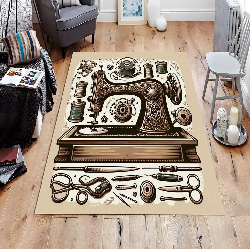 Vintage design šicího stroje Plošný koberec Neklouzavý flanelový koberec pro domácí kancelář Obývací pokoj Ložnice Dekorace Podložka na podlahu