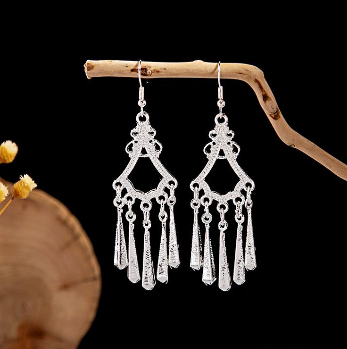Imitation Miao Silver Ethnic Long Leaf Tassel Dangle Earrings