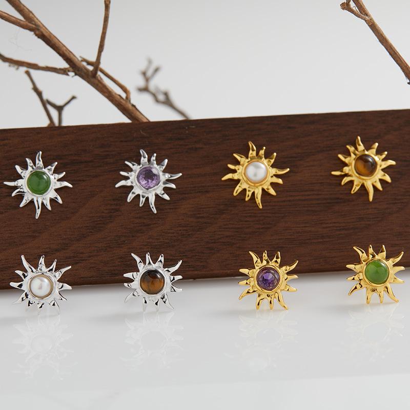 S925 Sterling Silver Natural Pearl Amethyst Tiger Eye Jasper Colored Treasure Stud Earrings Women'S French Retro Sunflower Earrings