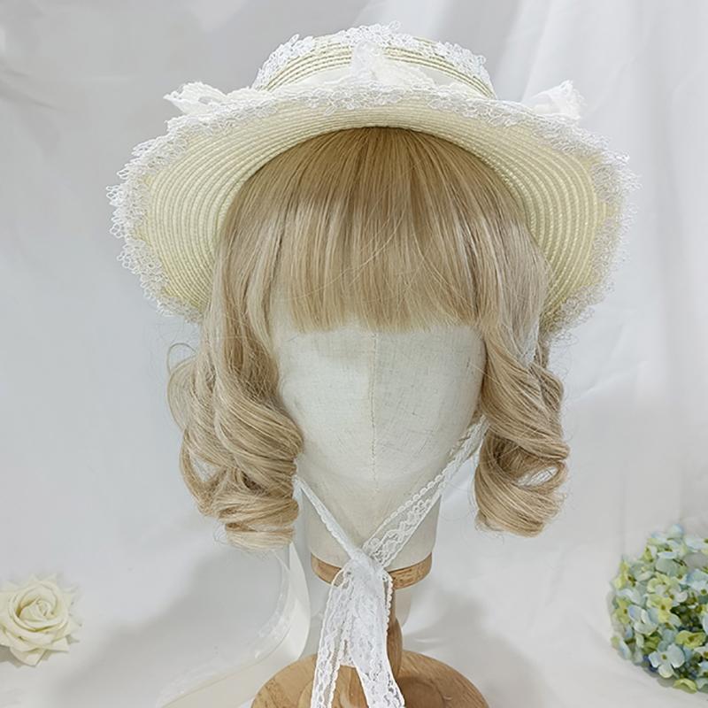 Chrysanthemum Straw Hat Bow Ribbon Sunshade Hat Lolita Girl Maid Cosplay Lace Pastoral Hat For Women Gift