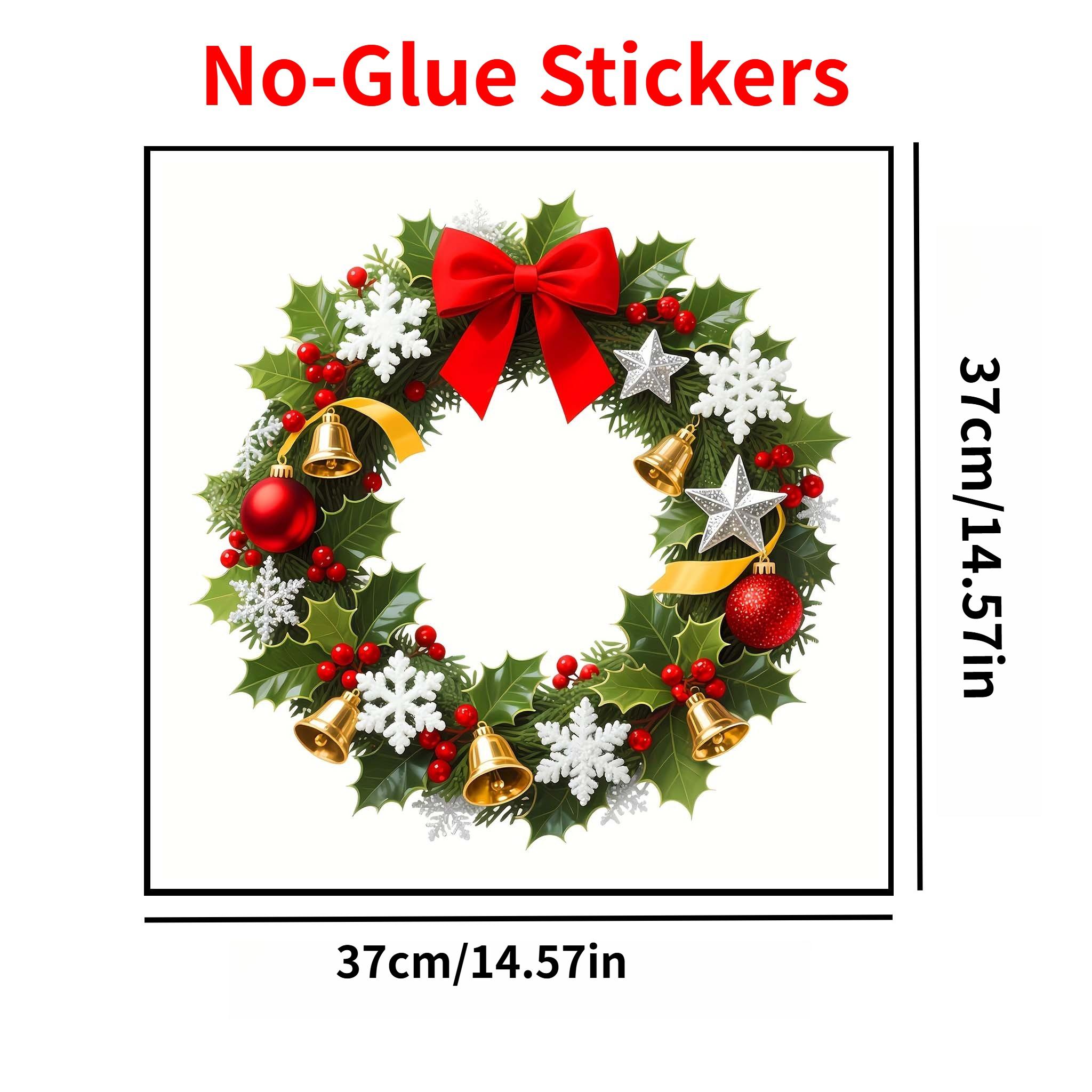 

1pc Christmas Wreath Static Cling with Red Bow Golden Bells Snowflakes Window Door Mirror Sticker Waterprooof for Home Office