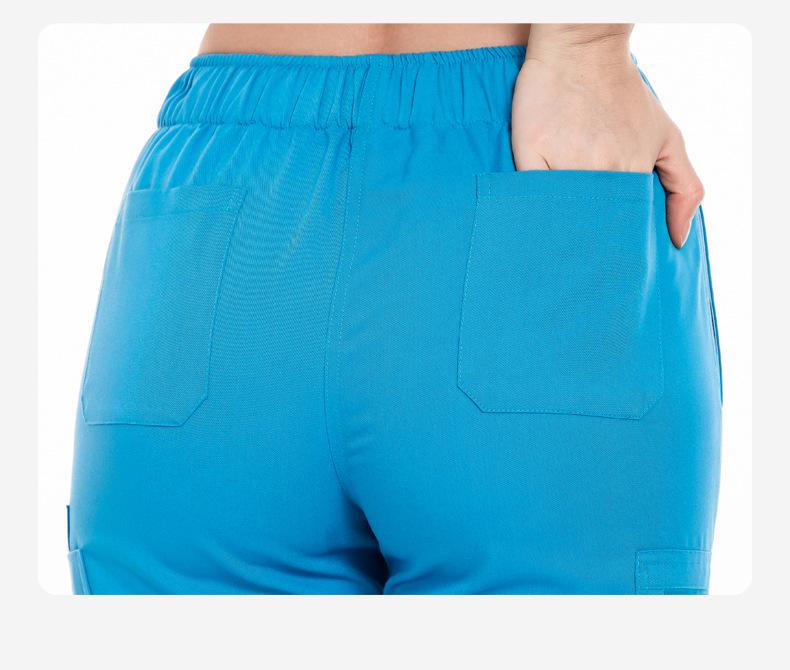 Three-Piece Nurse Scrub Set: V-Neck Jacket, Short-Sleeved Top, Long Pants with Elastic Waist.