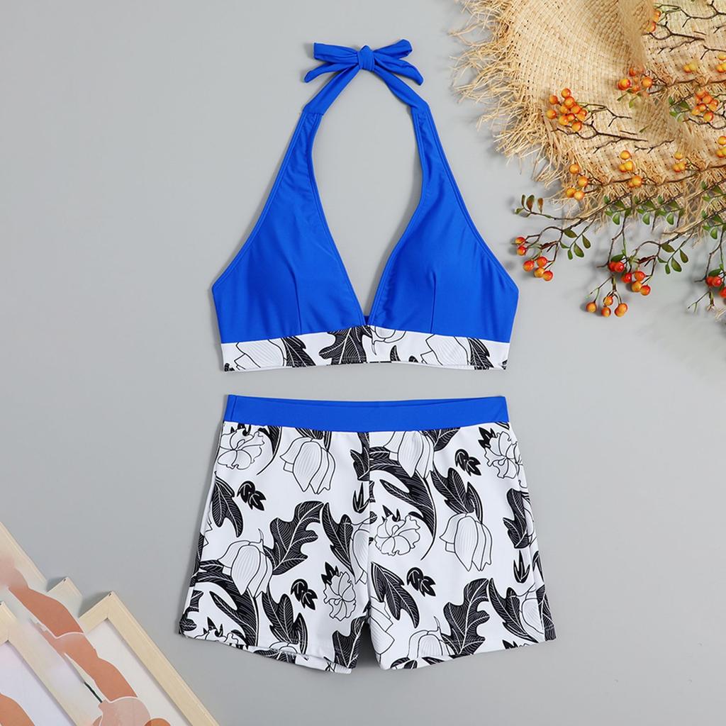 Women's Paneled Printed Swimsuit Ladies Split Boxer High Waist Swimsuit Two-Piece Set