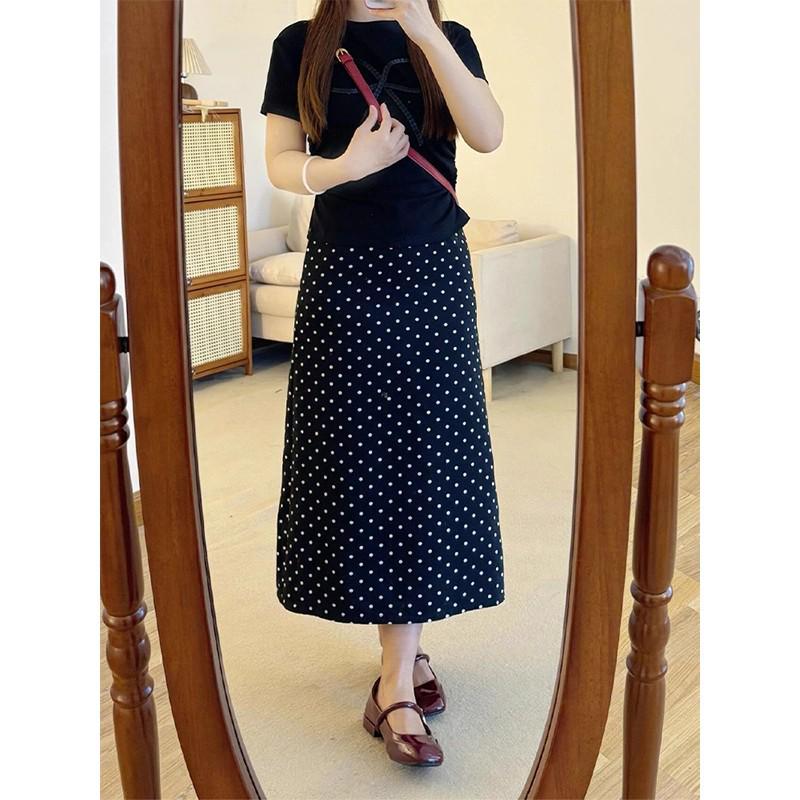 Plus Size Black Polka Dot A-Line Skirt for Pear-Shaped Women - Slimming Autumn Mid-Length Style