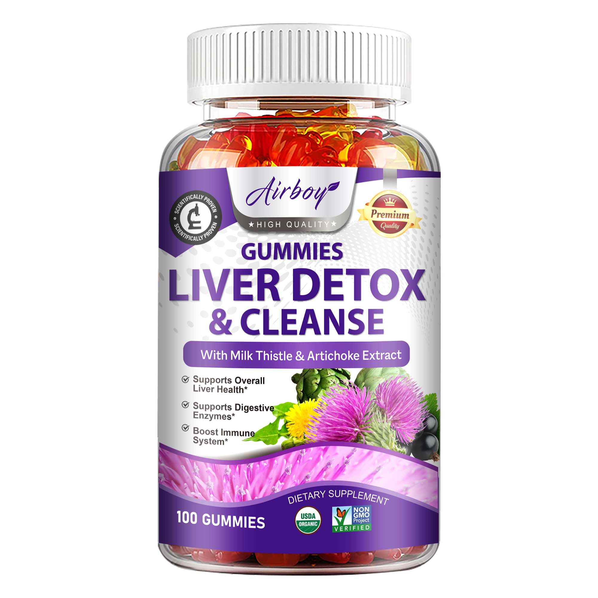 

Liver detox gummies, 3000 mg per serving, contain milk thistle, dandelion, artichoke extract, and liver cleansing ingredients. 100