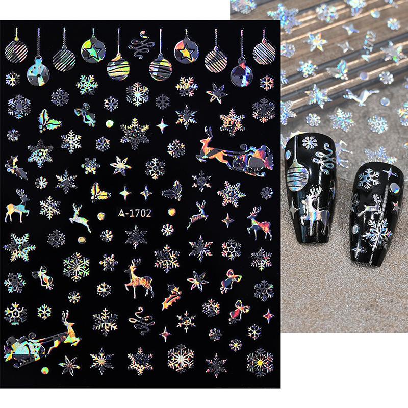 1Sheet Christmas Decorations 2026 New Year Nail Stickers Press On Nails Laser Snowflake Snowman Christmas Tree 3D Nail Decal