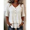 Women Beige V Neck Button Front Ruffle Trim Short Sleeve Casual Tunic Blouse