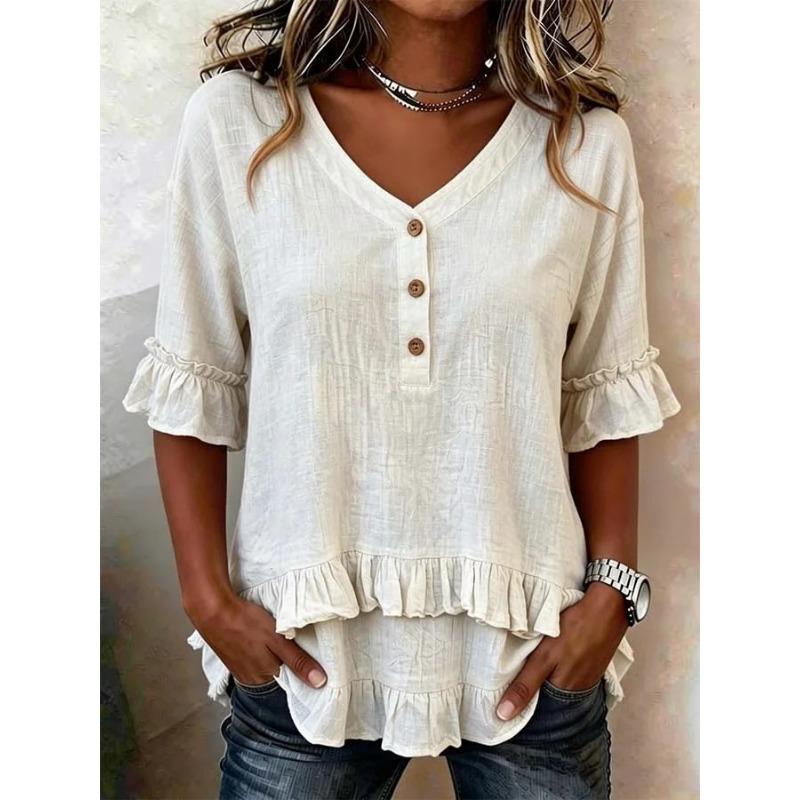 Women Beige V Neck Button Front Ruffle Trim Short Sleeve Casual Tunic Blouse