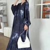 Korean Chic Vacation Style Dress Women Loose Casual Bat Sleeve V-neck Ink Print Design Retro Spring Summer Fashion