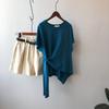 Summer New Short Sleeve Cotton Casual T-shirt Women Irregular Design Tied Solid Base Loose T Shirt Women Fashion Round Neck Simple Lady Tee Tops 25927