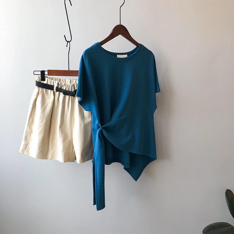 Summer New Short Sleeve Cotton Casual T-shirt Women Irregular Design Tied Solid Base Loose T Shirt Women Fashion Round Neck Simple Lady Tee Tops 25927