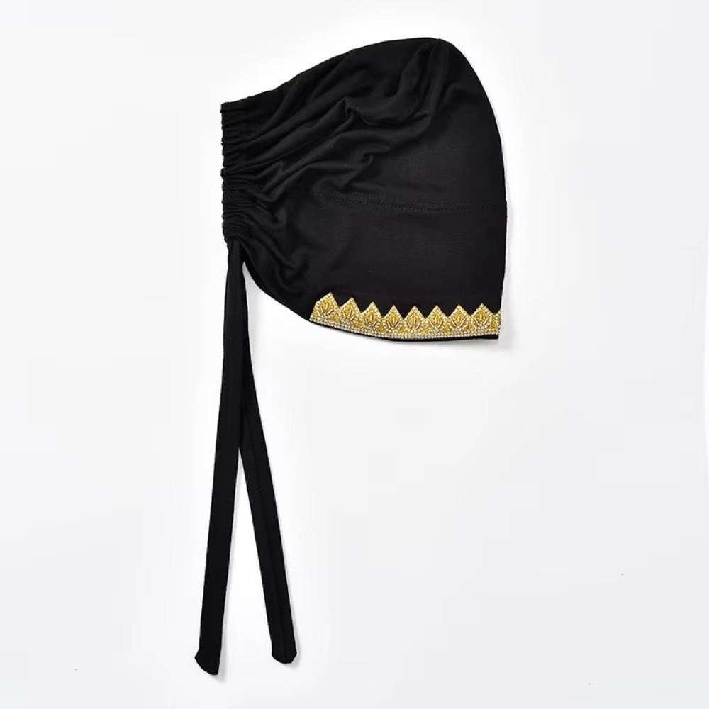 Shiny Golden Rhinestone Inner Hijabs Elasticity Tie Back Undercap Prayer Cap  Religious Headwear