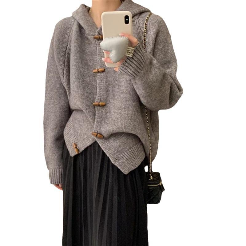 Korean lazy wind hooded horn button sweater cardigan women's new design soft waxy knitted autumn coat top
