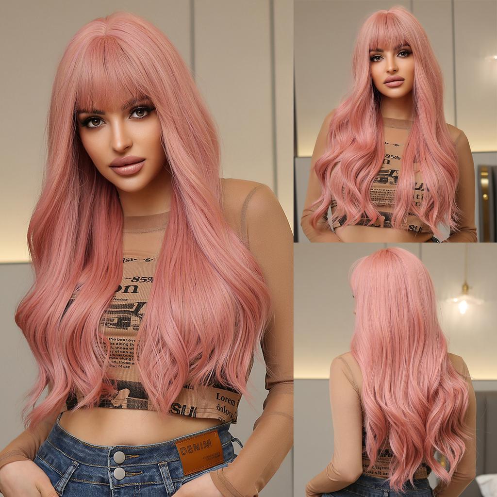 Wigs, Qi Bangs Big Waves Long Curly Hair Gradual Change Brown High Temperature Silk Chemical Fiber Wig Headgear