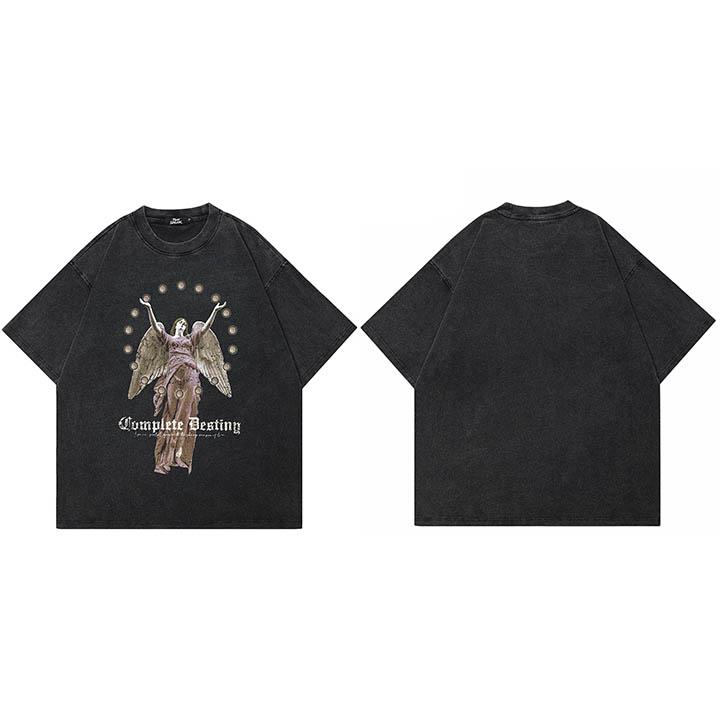 

Hip Hop Vintage Washed Black TShirt Streetwear Angel Statue Graphic T Shirt Cotton Unisex Tshirt Men Relaxed Tops Tees S