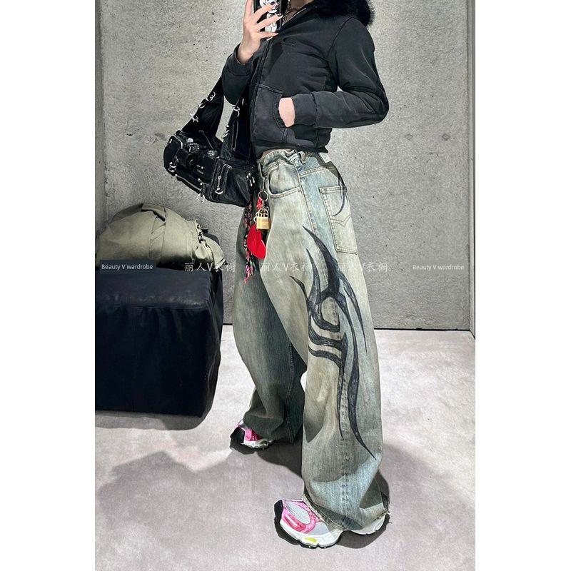 

Модные Уличные Стильные Джинсовые Детские Летние Новинки С Сексуальными Хип-хоп Брюками-шваброй с Принтом Тотема Loose pants S