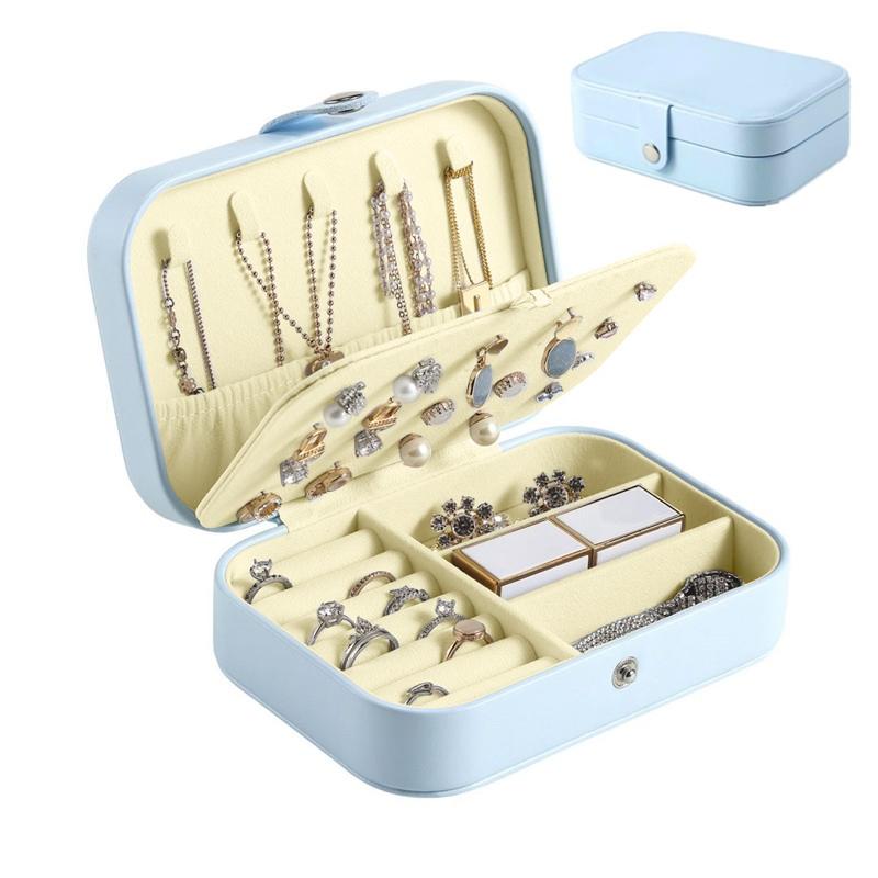 Travel Jewelry Box, Portable Jewelry Case Display Storage Holder Box For Women Girls, PU Leather Double Layer Jewelry Organizer