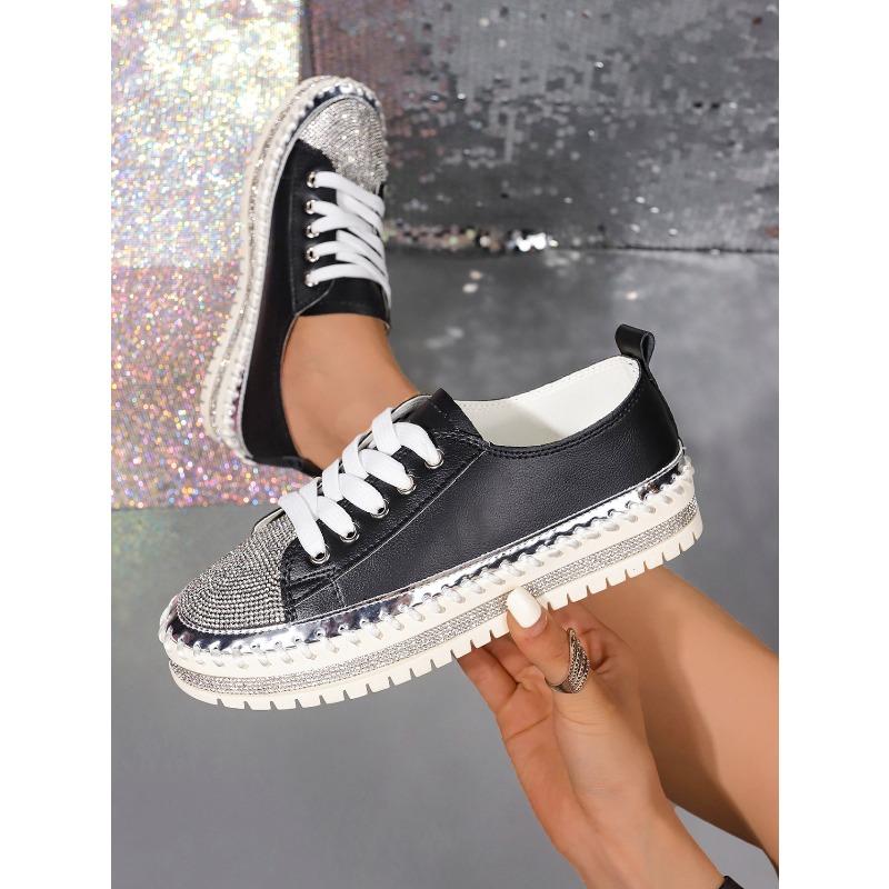 Women's Casual Shoes, Sizes 35-43 Flat-Soled, Diamond-Studded Lace-Up Sneakers Thick-Soled White Sneakers Women's Athletic Slip-Ons